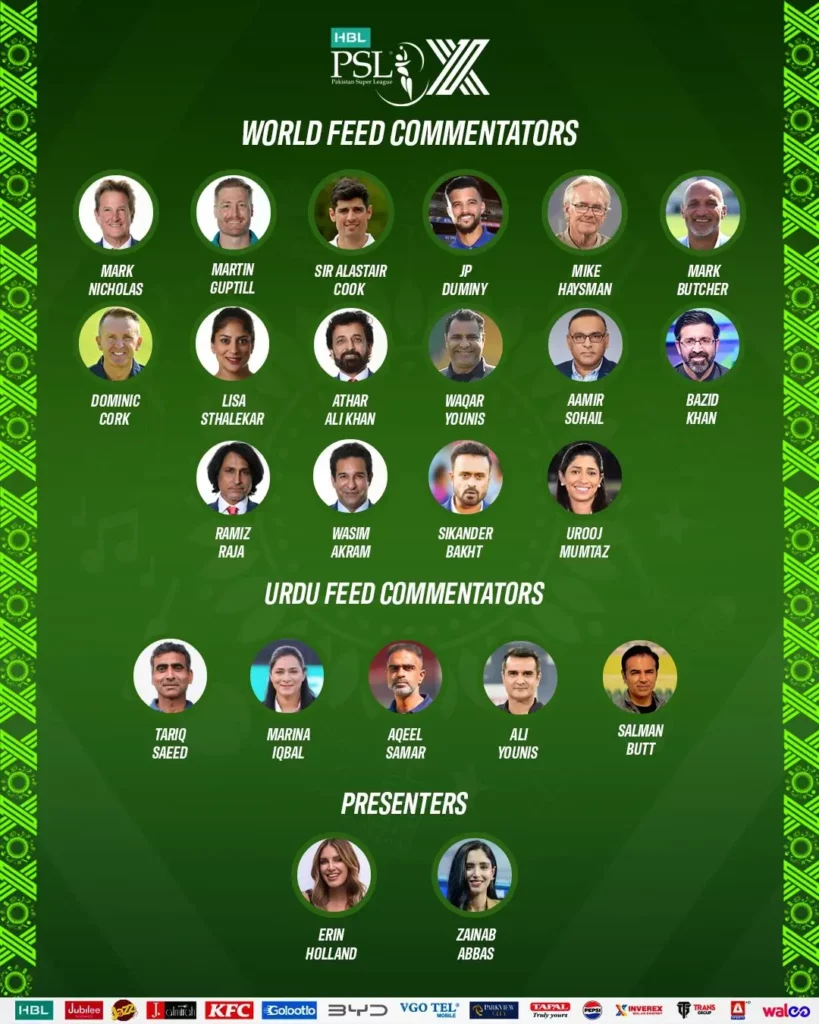 PSL 10 Commentators List