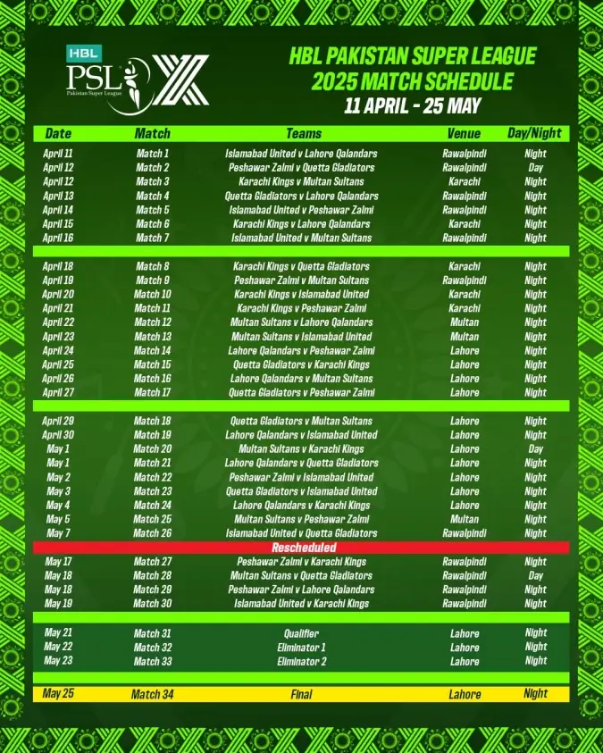 PSL X Schedule