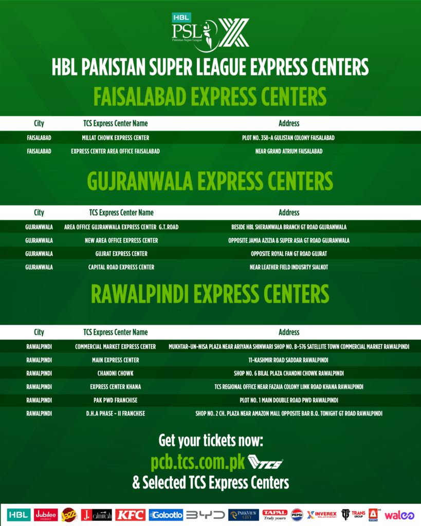 Faisalabad Gujranwala and Rawalpindi ticket Centres